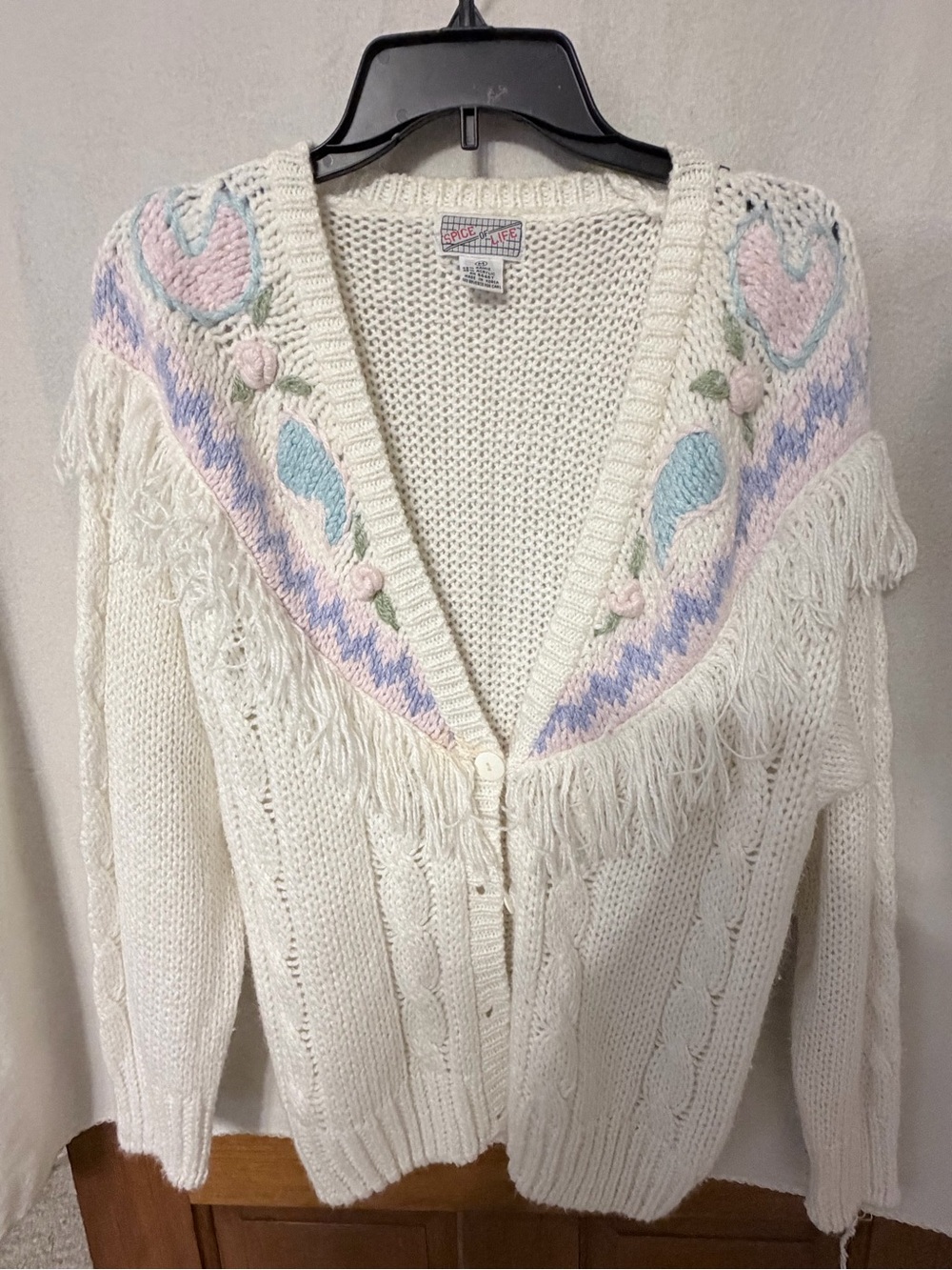 Vintage 80’s Cream Fringe Cardigan Sweater with Pastel Embroidery - Picture 2 of 5